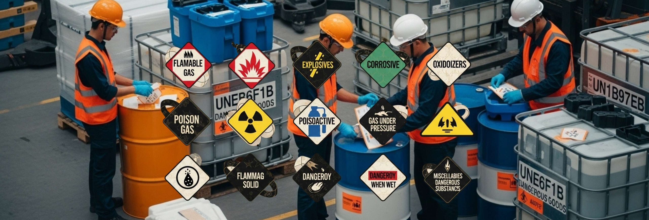Wings of Grace Logistics handling dangerous goods with safety labels for flammable, explosive, corrosive, toxic, and hazardous materials